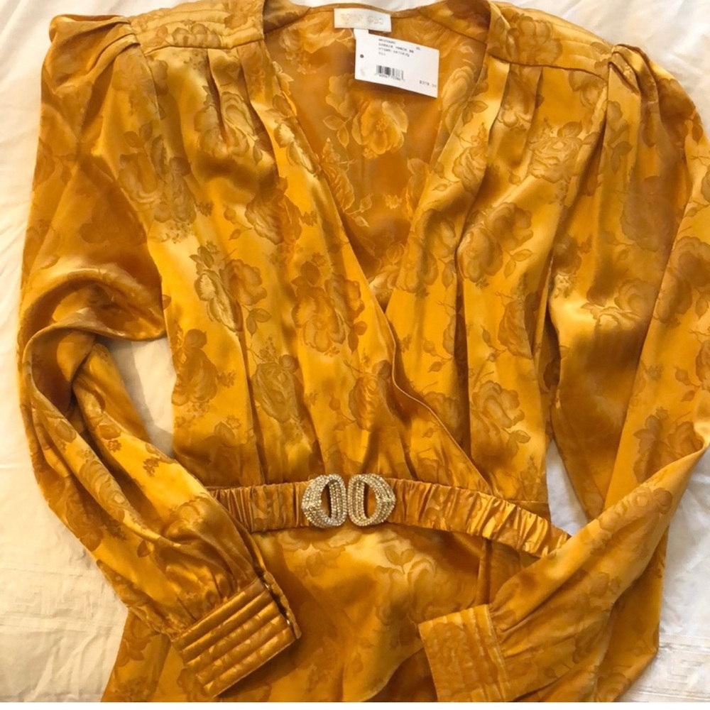 Golden Floral Wrap Blouse with Belt